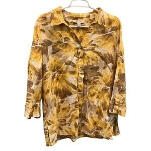 JM Womens Linen Tunic Top Size XL Yellow Floral Fall Boho Casual Beach Resort